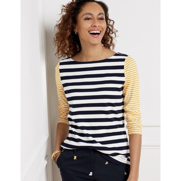 Talbots Tops - Talbots Authentic Tee Mixed Striped Navy Yellow White 3/4 Sleeves Size Medium